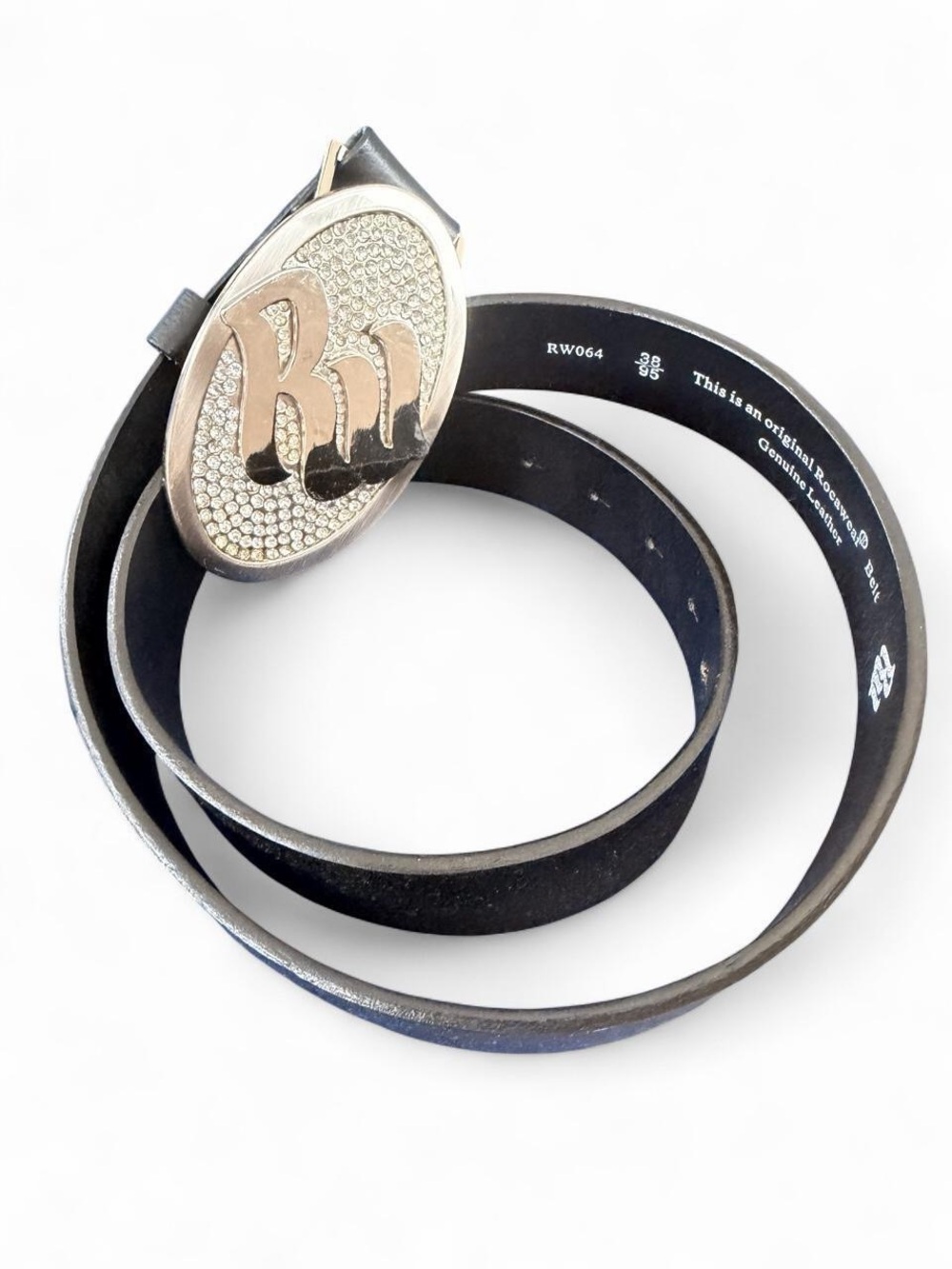 Rocawear Black Leather Belt with Silver RJ Crystal Oval Buckle